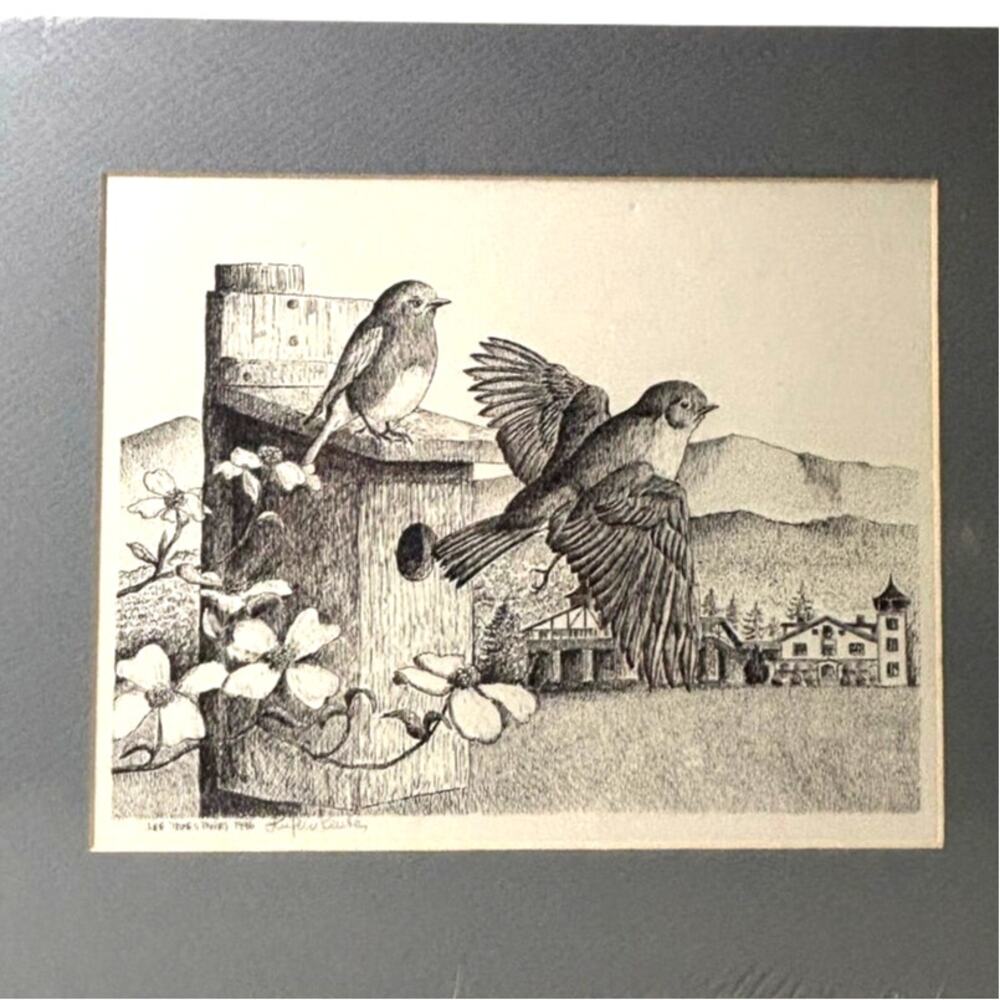 Lee James Pantas Print Matted Signed Pen and Ink Print Birds Mountains Dogwood